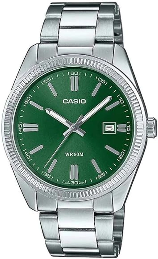 Casio Relógio quartzo unissexo 39,00 mm com mostrador analógico verde e pulseira de metal prata MTP-1302PD-3AVEF, Prata, Clássico