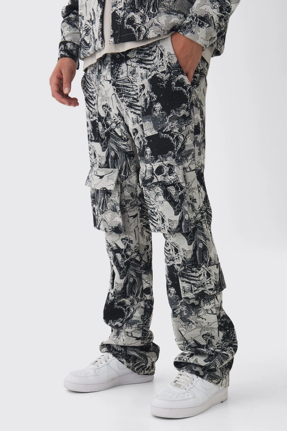 Slim Flared Stacked Tapestry Skull Cargo Trousers