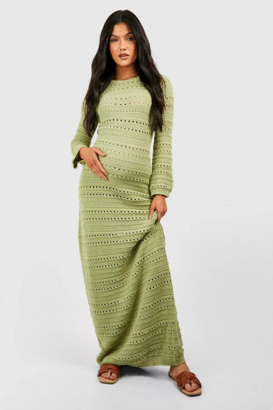 Maternity Crochet Flare Sleeve Tie Back Knitted Maxi Dress