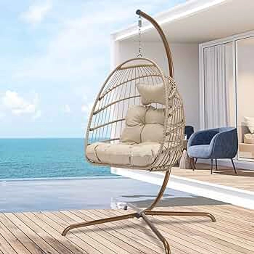 BULEXYARD Swing Egg Chair with Stand Indoor Outdoor Wicker Rattan Patio Basket Hanging Chair with UV Resistant Cushions 350lbs Capaticy for Bedroom Balcony Patio (Cream)