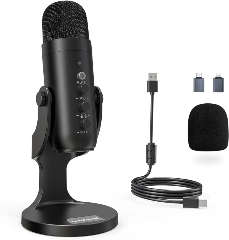 zealsound USB Microphone à Condensateur, Micro Gaming pour PC Phone Ordinateur Portable et PS4&5, avec Muet/Écho/Réduction du Bruit, pour Streaming, Enregistrement,Vocal,Podcast,Twitch, ASMR,K66 Noir