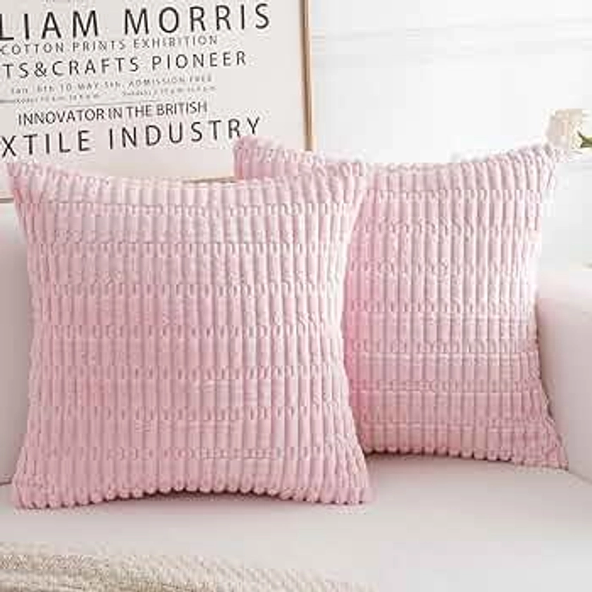 Corduroy Decorative Throw Pillow Covers, Boho Stripe Soft Square Cushion Case Home Decor for Living Room Couch Bed Sofa, Set of 2 Pack, Pink, 18x18 Inch