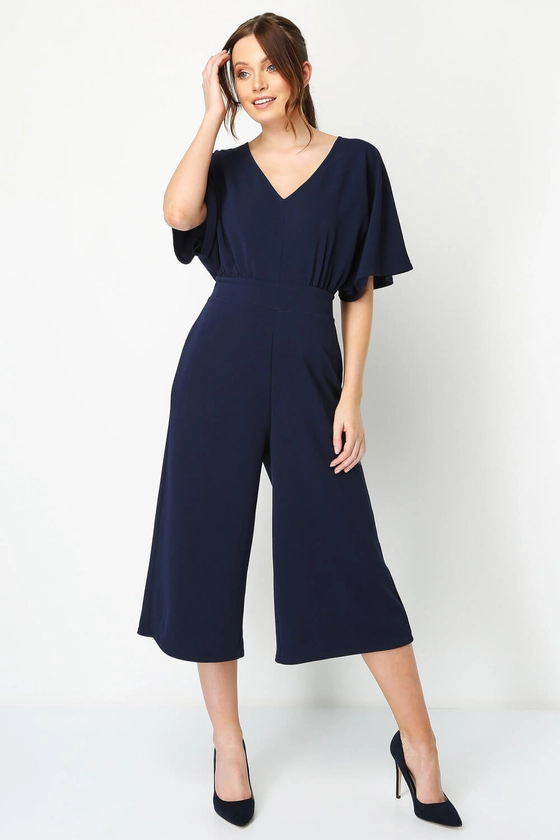 Plain Wrap Culotte Jumpsuit in Navy Blue - Roman Originals UK