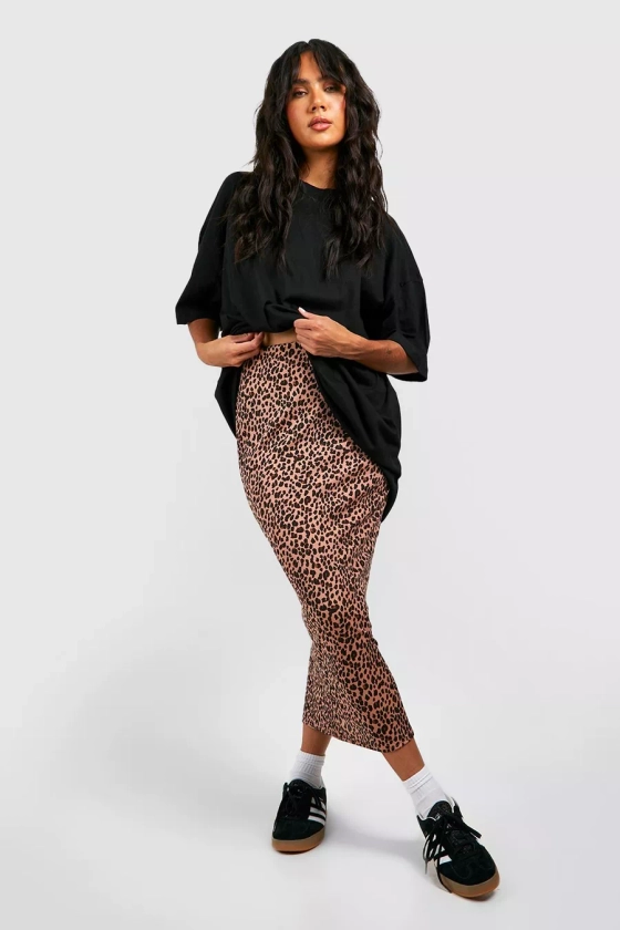 Leopard Ribbed Midi Skirt