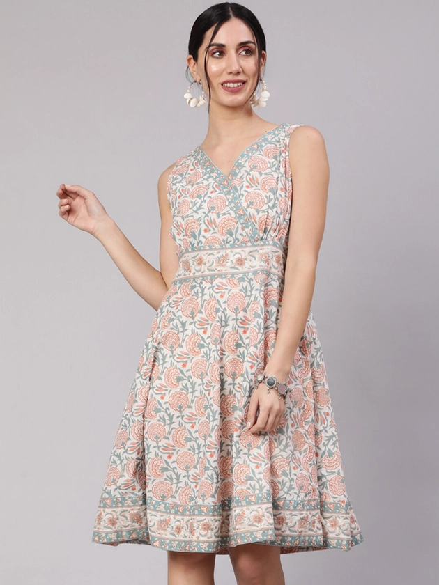 AKS Floral Printed Sleeveless Cotton Fit & Flare Dress