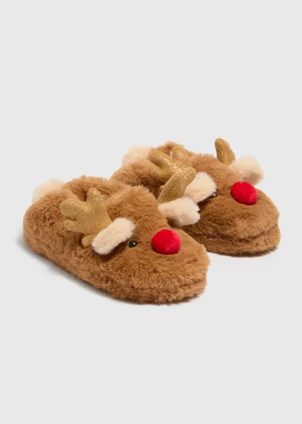 Kids Beige Christmas Reindeer A-Line Slipper (Younger 4-Older 5)