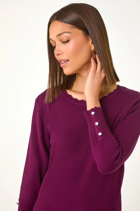 Burgundy Diamante Button Scallop Edge Jumper | Roman UK