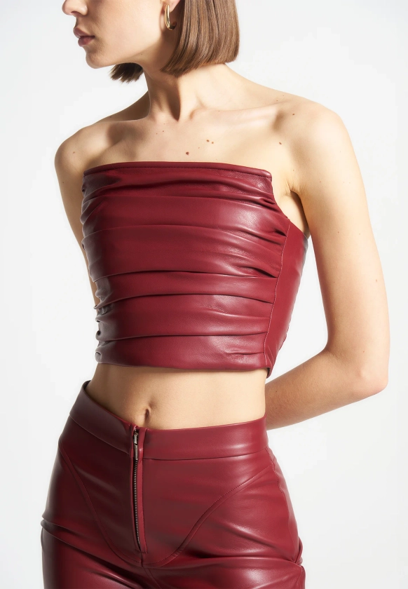 Pleated Bandeau Leather Corset Top - Wine Red