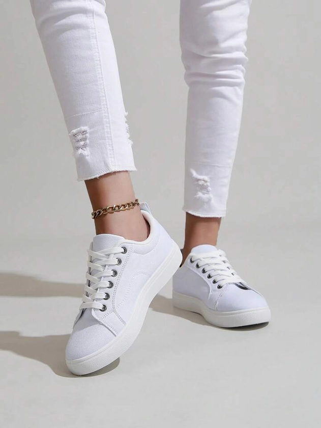 Women's Fashionable White Sneakers With Front Lace-Up, Casual Canvas Shoes