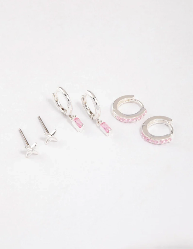 Silver Plated Barbie Baguette Huggie Earrings 6-Pack