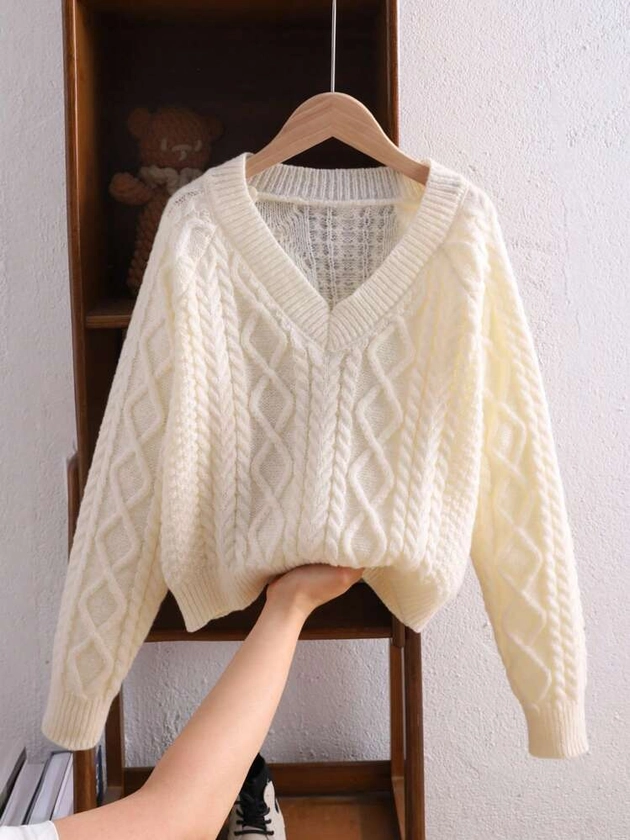 Tween Girls Casual Solid Color V-Neck Long Sleeve Knit Sweater