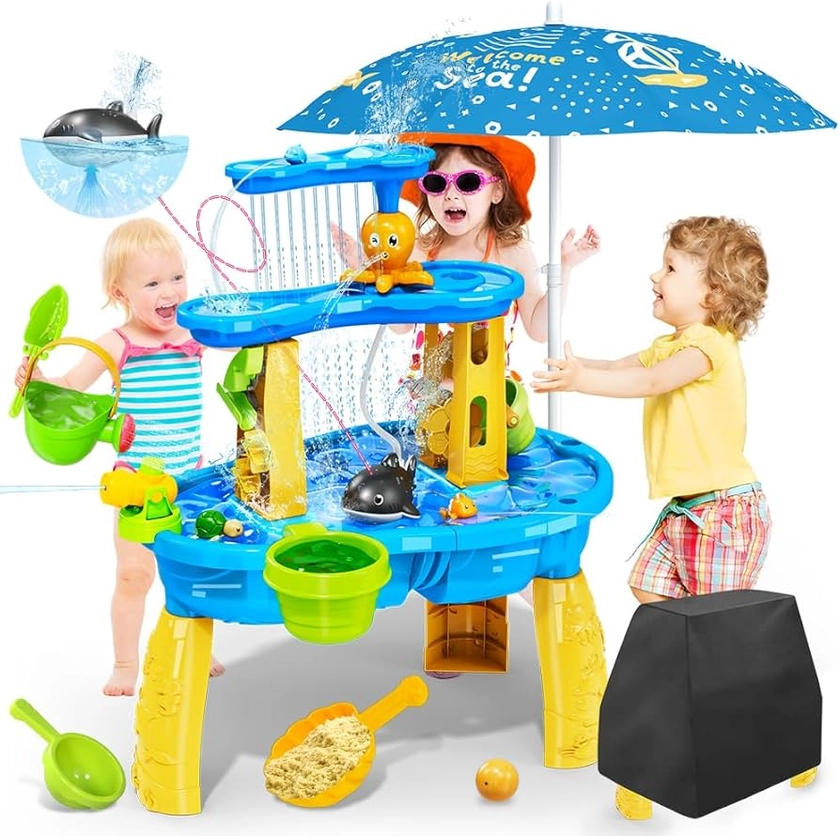 VATOS Sand Water Table Toys for Toddlers Kids - with Water Pumb & Umbrella 3-Tier Kids Splash Table, Water Play Toys for Outside Outdoor Backyard, Toddler Sand Sensory Table for Boys Girls