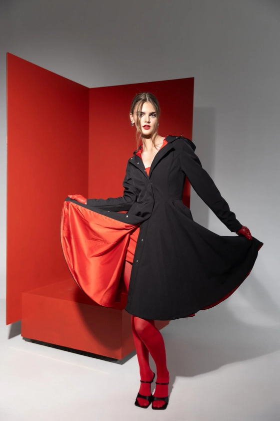 Fit and Flare Coat with Full Circle skirt in Black and Red | 'Raven Red'
