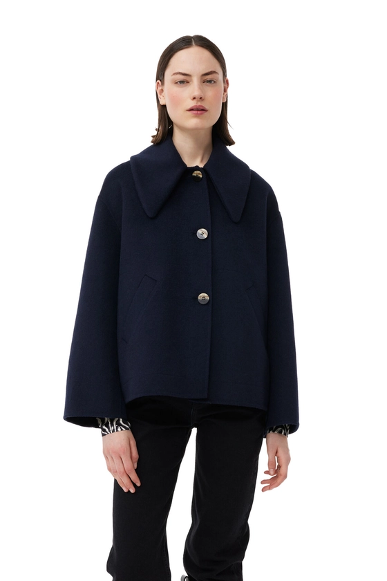 Sky Captain Blue Wool Wide Collar Jacket | GANNI US