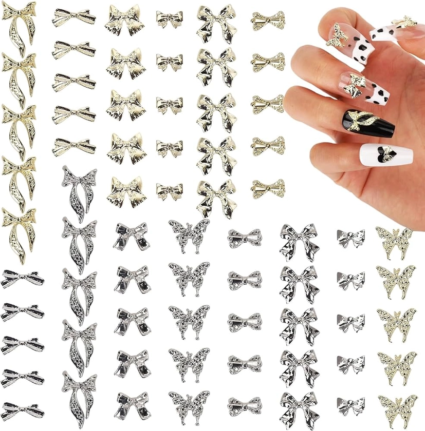 70Pcs Bow Nail Charms Gems,Silver Gold Nail Art Charms Bows for Nails Design,3D Metal Alloy Bowknots Butterfly Charms Stones, Small Nail Jewels Jewelry Nail Decorations Stuff Supplies Assorted Bulk