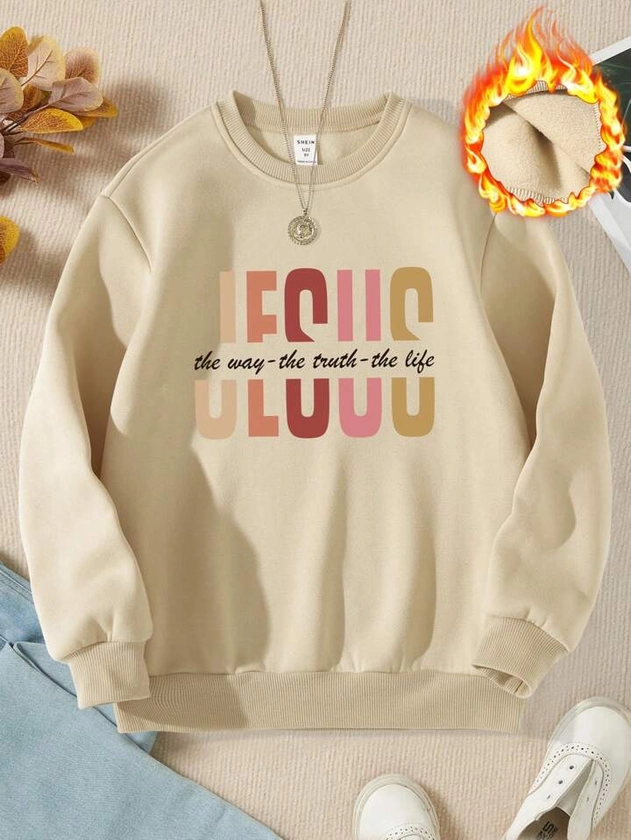 SHEIN Tween Girl 1pc Casual Round Neck Fleece Sweatshirt With Letter Print, Family Matching Outfits Mommy And Me (4 Pieces Are Sold Separately)