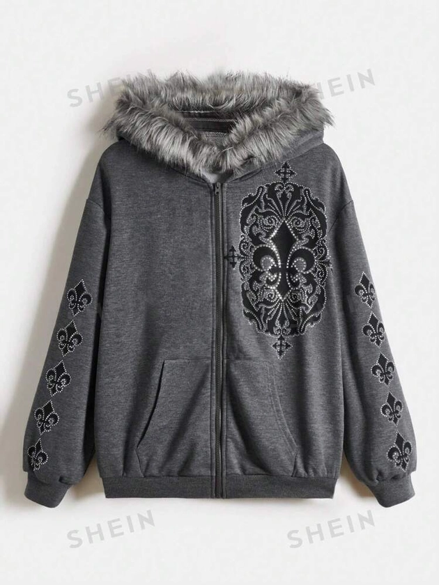 ROMWE Fairycore Hooded Sweatshirt With Rhinestone Detailing, Drop Shoulder, Zipper, And Raw Edge Hem, School