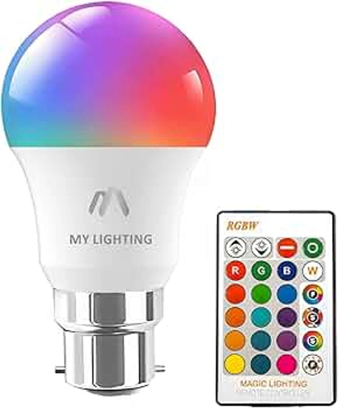 My Lighting 10W B22 ECO Series Colour Changing Light Bulb Dimmable, LED Bulbs with Remote,RGB + Cool White 6000K, 16 Colour + 4 Modes, with Memory Function, for Home Decore & Mood Lighting