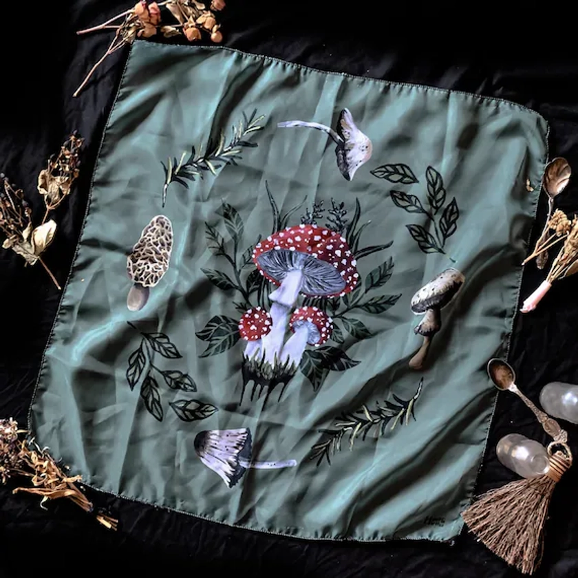 Mushroom Foraging Altar Cloth / Poly Scarf | dark decor | witchy decor | dark art | cottagecore | altar supply | witchy outfit | fungi