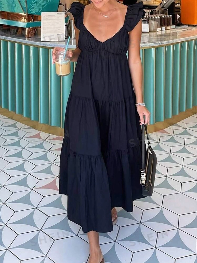 SHEIN Essnce Robe mi-longue à bretelles spaghetti lâches à manches volantes, robe à col en V couleur unie, convient pour l"été et le printemps, vêtements pour femmes