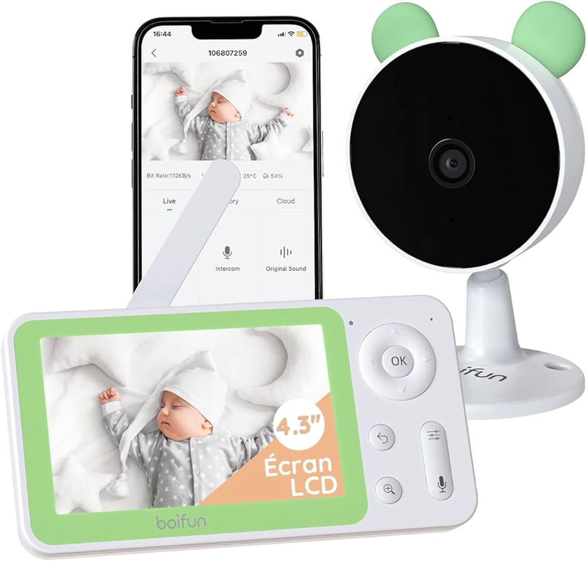 BOIFUN Babyphone Camera 1080P, 4,3 Pouces Camera Bebe, APP et Moniteur Contrôle, Détection de Mouvement et de Son, Zoom 4X, Vision Nocturne Infrarouge Invisible, Alarme de Zone