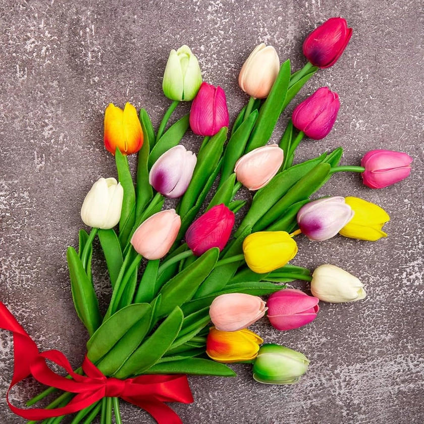 Whaline Lot de 20 Tulipes artificielles Multicolores au Toucher réaliste pour la Maison, Le Jardin, Les fêtes de Mariage, la décoration Florale (10 Couleurs)