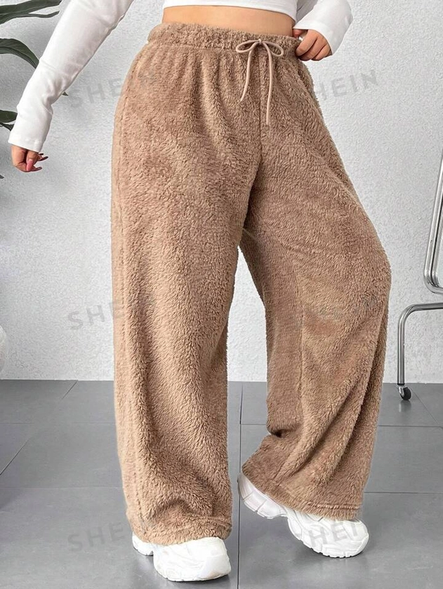 SHEIN EZwear Plus Size Teddy Pants With Drawstring Waist