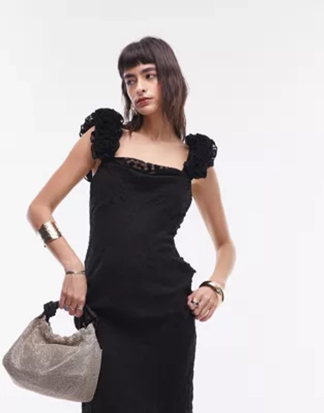 Topshop premium slip maxi dress with 3D ruffle sleeve in black jacquard spot | ASOS
