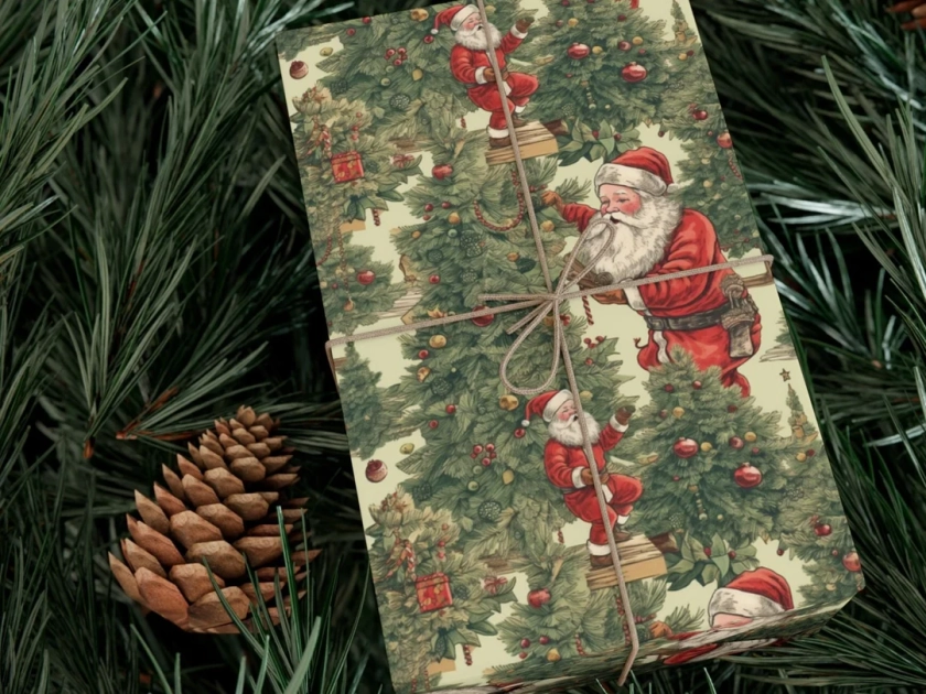 Papier d'emballage cadeau classique vintage du Père Noël Papier d'emballage du Père Noël joyeux décoré arbre de Noël papier d'emballage vintage du Père Noël - Etsy France