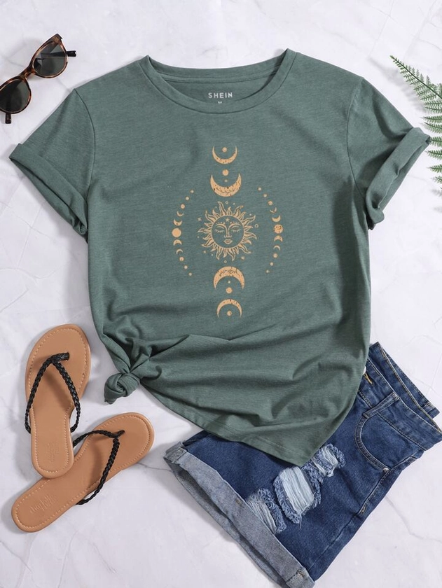 SHEIN LUNE Sun & Moon Print Tee