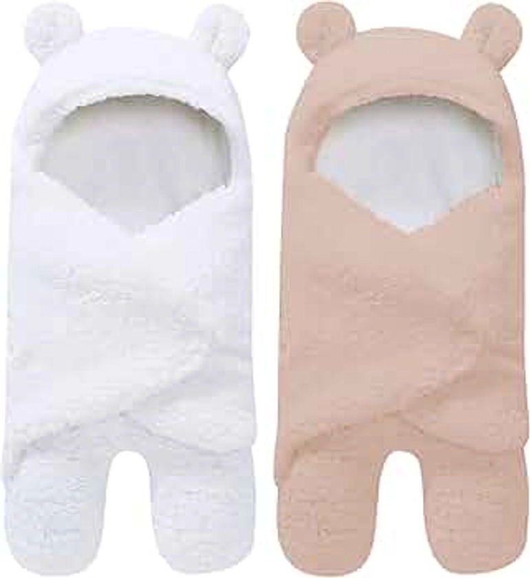 2 Pack Ultra Warm Sherpa Plush Baby Sleeping Swaddle Wrap - Newborn Essentials Must Haves for 0-6 Months - Baby Shower Registry Search Gifts for Boys Girls - Baby Stuff Accessories (Brown and White)