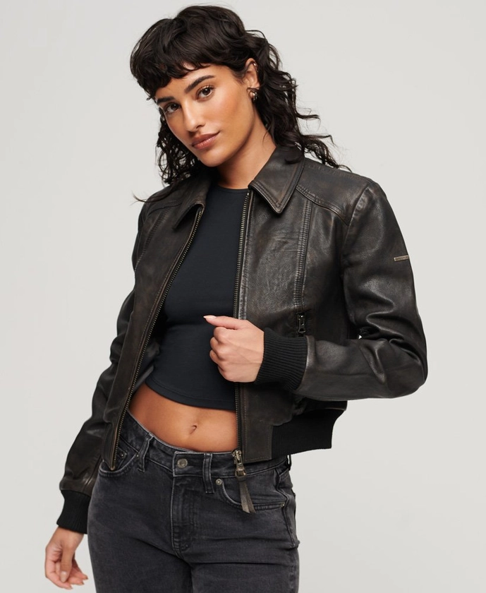 Femme - Veste en cuir style années 70 Gris Fumée | Superdry FR