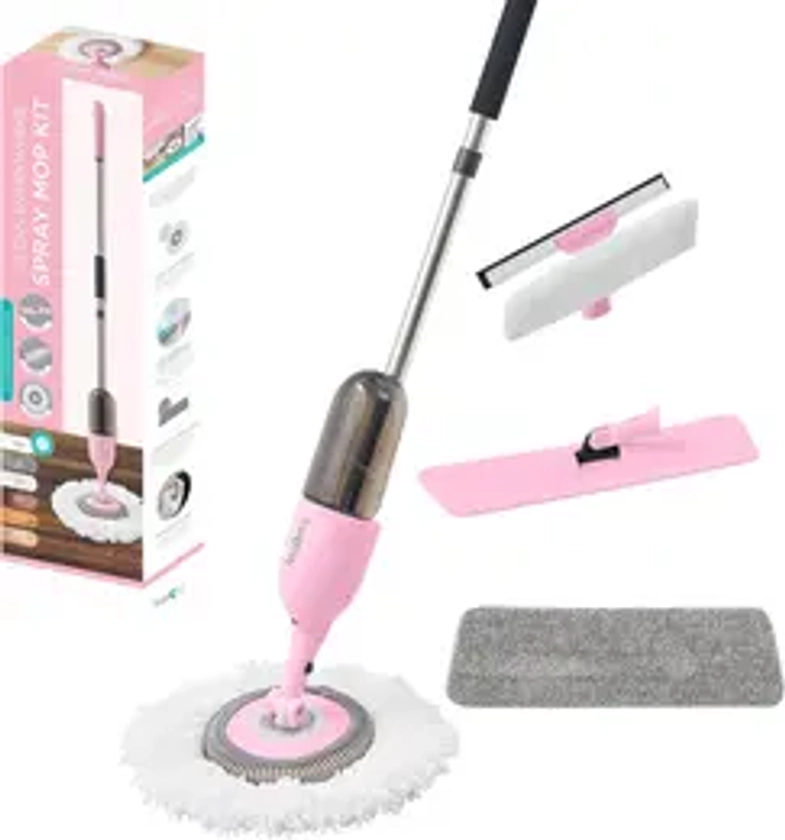 Clean Everywhere Spray Mop Kit Premium Floor Spray Mop - Includes Flat Mop Head, Round Mop Head, Squeegee Mop Head (Pink)