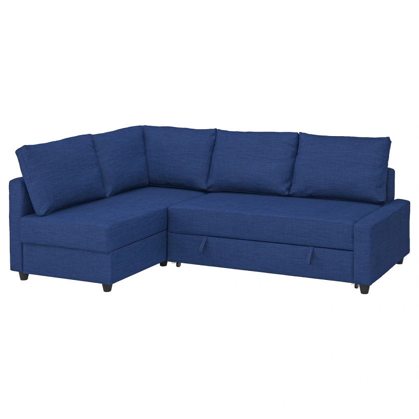 FRIHETEN Corner sofa-bed with storage - with extra back cushions/Skiftebo blue