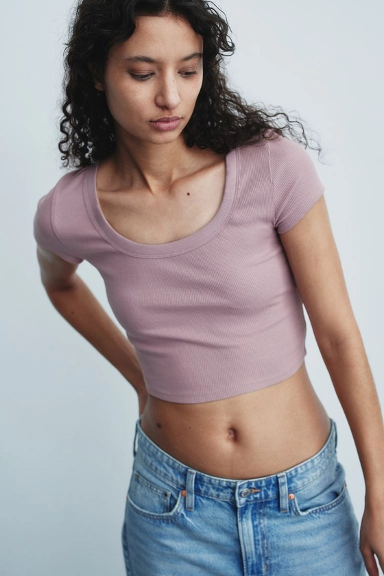 Cropped ribbed T-shirt - Dusty pink marl - Ladies | H&M GB