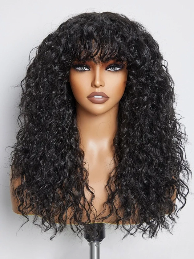 GORGIUS Shaggy Haircuts Natural Black Curly Wig with Bangs Crafted with Style-Archive™ Technology: Premium Fiber & Remy Human Hair Blended, Realistic Look with True Scalp