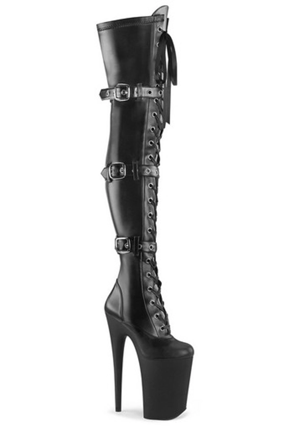 Black Faux Leather 9" Ribbon Lace Up Thigh High Boot