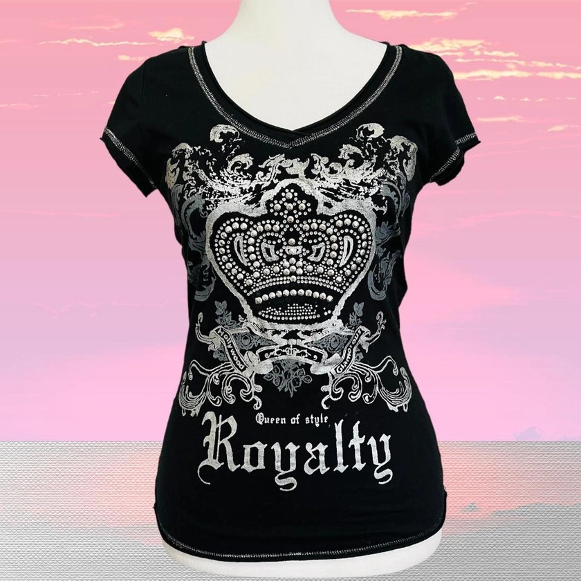 Y2K mcbling black and silver studded graphic top...
