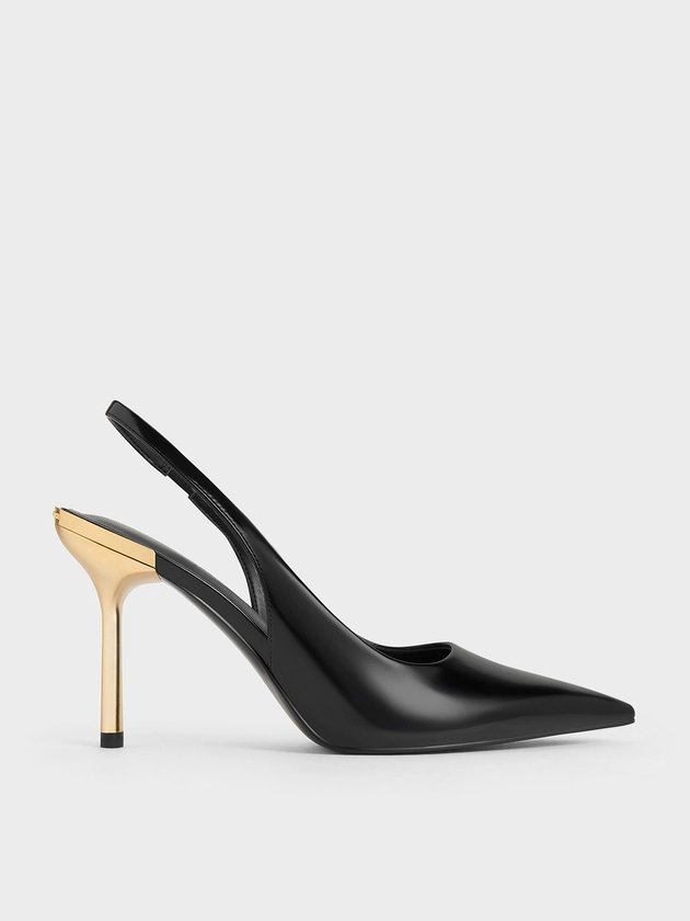 Blkbox Metallic-Heel Pointed-Toe Slingback Pumps | CHARLES & KEITH UK