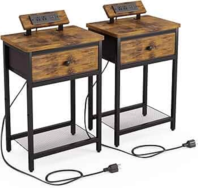 Fixwal Nightstands Set of 2 with Charging Station, Night Stand End Table with USB Ports & Outlets, Bedside Table with Fabric Drawer for Bedroom, Rustic Brown