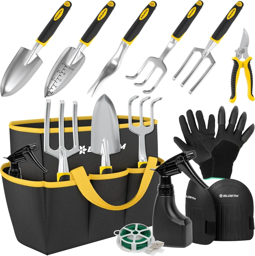 BLOSTM Gardening Tools Set 11 PCS - Heavy Duty Garden Tools for Gardening with Waterproof Tote Carrier Bag - Rust Proof Garden Hand Tools Set with Ergonomic Handles Gardening Gifts for Men & Women