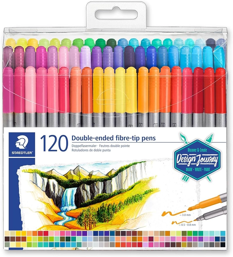 Staedtler Feutres à double pointe pour écriture et coloriage, Pointe fine de 0.5-0.8 mm et compacte extra-large de 3 mm, Étui plastique avec 120 couleurs lumineuses différentes, 3200 TB120