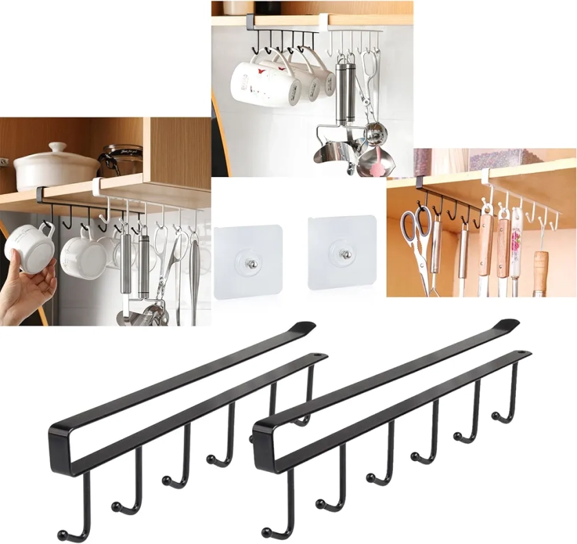 2pcs Mug Holder,Coffee Cup Holder for Kitchen,Kitchen Utensil Storage Hook,Fit for 1 Inch Thickness Shelf or Less.Upgrade (Extra Gifts No Trace Hook - Black)