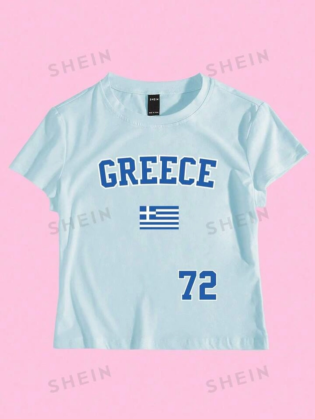 SHEIN EZwear Greece 72 Round Neck Short Sleeve Fitted Fashionable & Elegant Letter & Number Print Plus Size T-Shirt