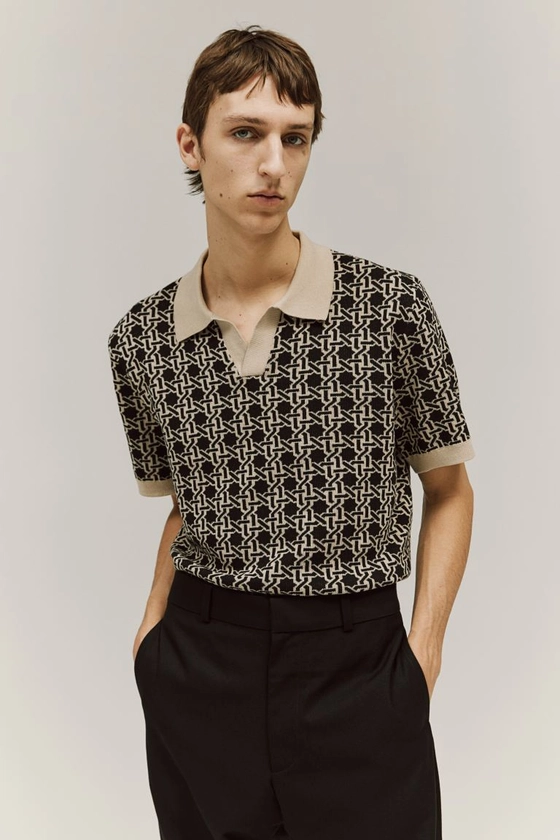Regular Fit Jacquard-knit polo shirt - Beige/Patterned - Men | H&M GB
