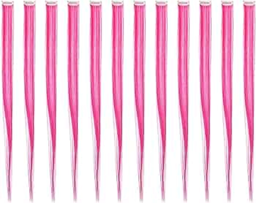 SWACC 12 Pcs Straight One Color Party Highlights Clip on in Hair Extensions Colored Hair Streak Synthetic Hairpieces (Neon Pink)