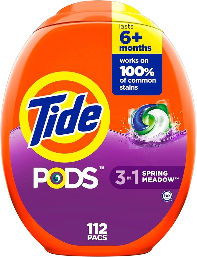 Tide PODS Laundry Detergent Pods, Spring Meadow Scent, 112 Count, Concentrated Laundry Soap Detergent, Stain Remover and Color Protector - Packaging May Vary