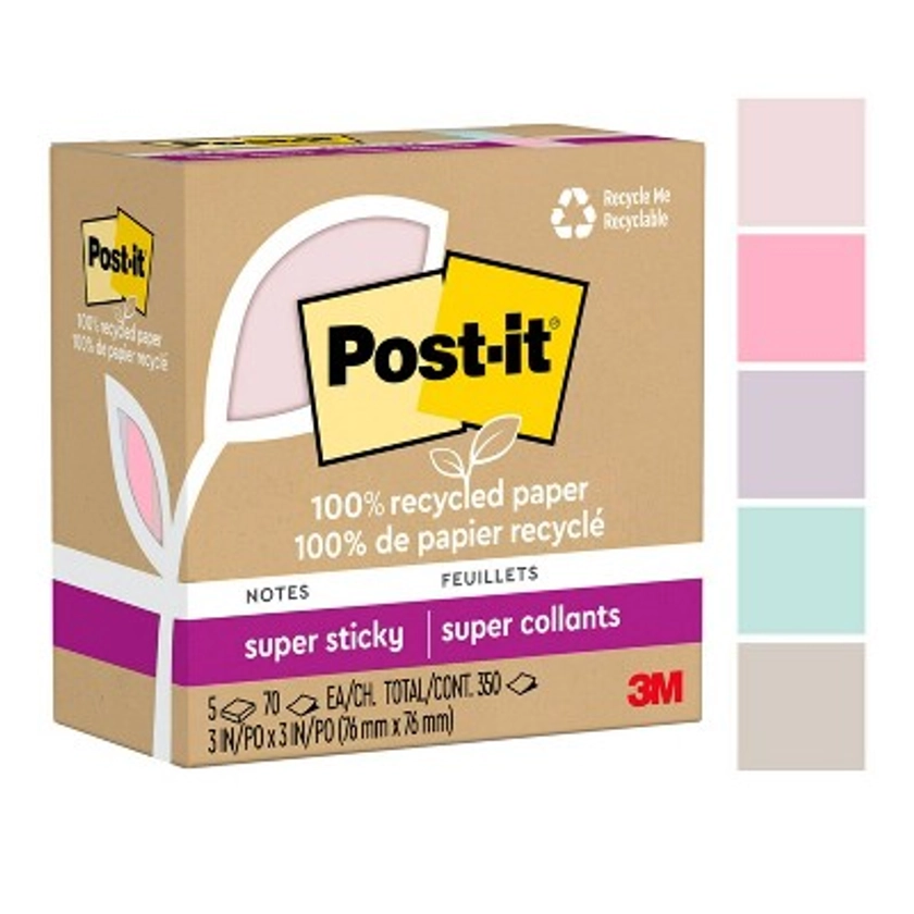Post-it® 100% Recycled Paper Super Sticky Notes, 3 in. x 3 in., Wanderlust Pastels, 5 Pads/Pack, 70 Sheets/Pad