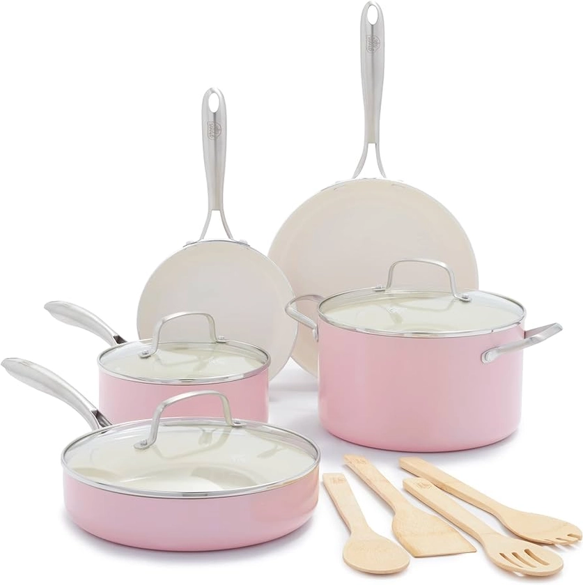 Amazon.com: GreenLife Artisan Healthy Ceramic Nonstick, 12 Piece Cookware Pots and Pans Set, Stainless Steel Handle, Induction, PFAS-Free, Dishwasher Safe, Oven Safe, Pink: Home & Kitchen