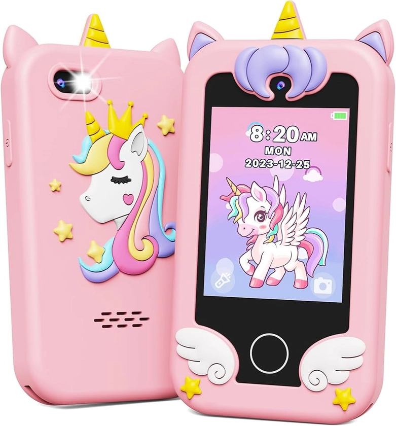 KOKODI Kids Smart Phone Toys, Birthday Gifts Unicorn Toddler Play Phone for Girls 3-10, Touchscreen HD Dual Camera Cell Phone for Kids, Travel Toy Preschool Learning Toy for Kids with 8GB SD Card